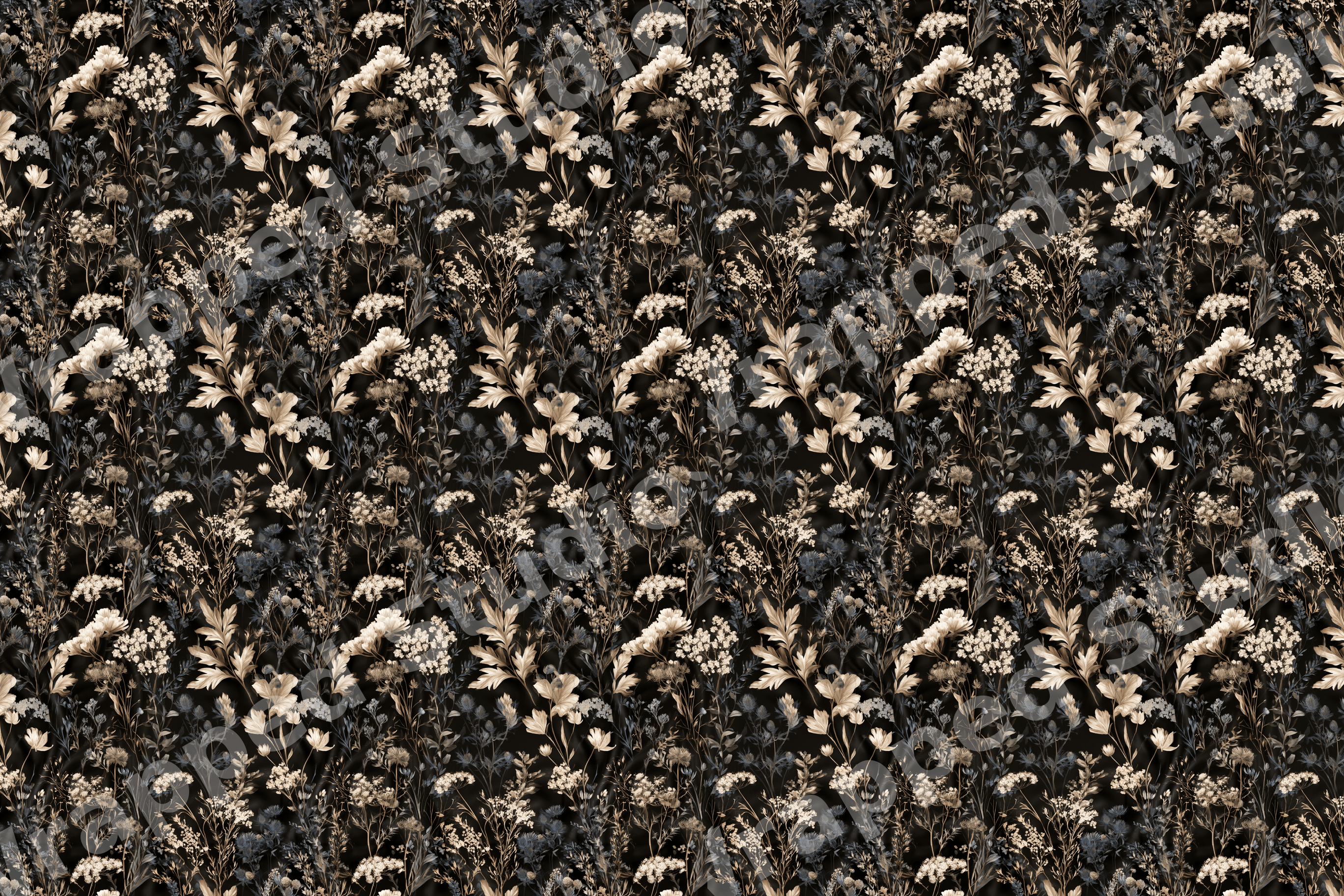 Moody vintage botanical floral pattern with cream wildflowers and thistles on a black background.