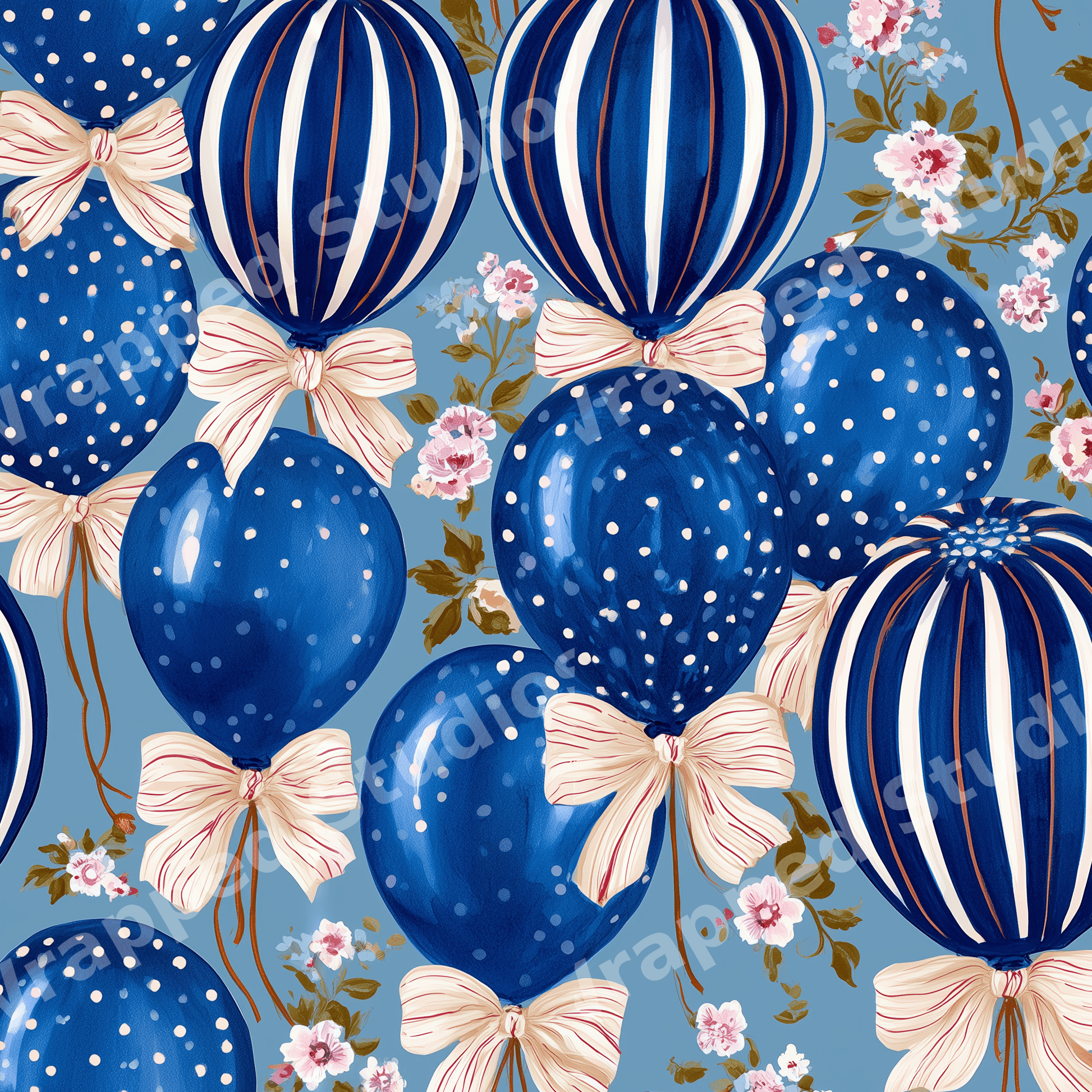 Whimsical vintage pattern featuring navy blue polka dot and striped balloons with cream bows and pink florals.