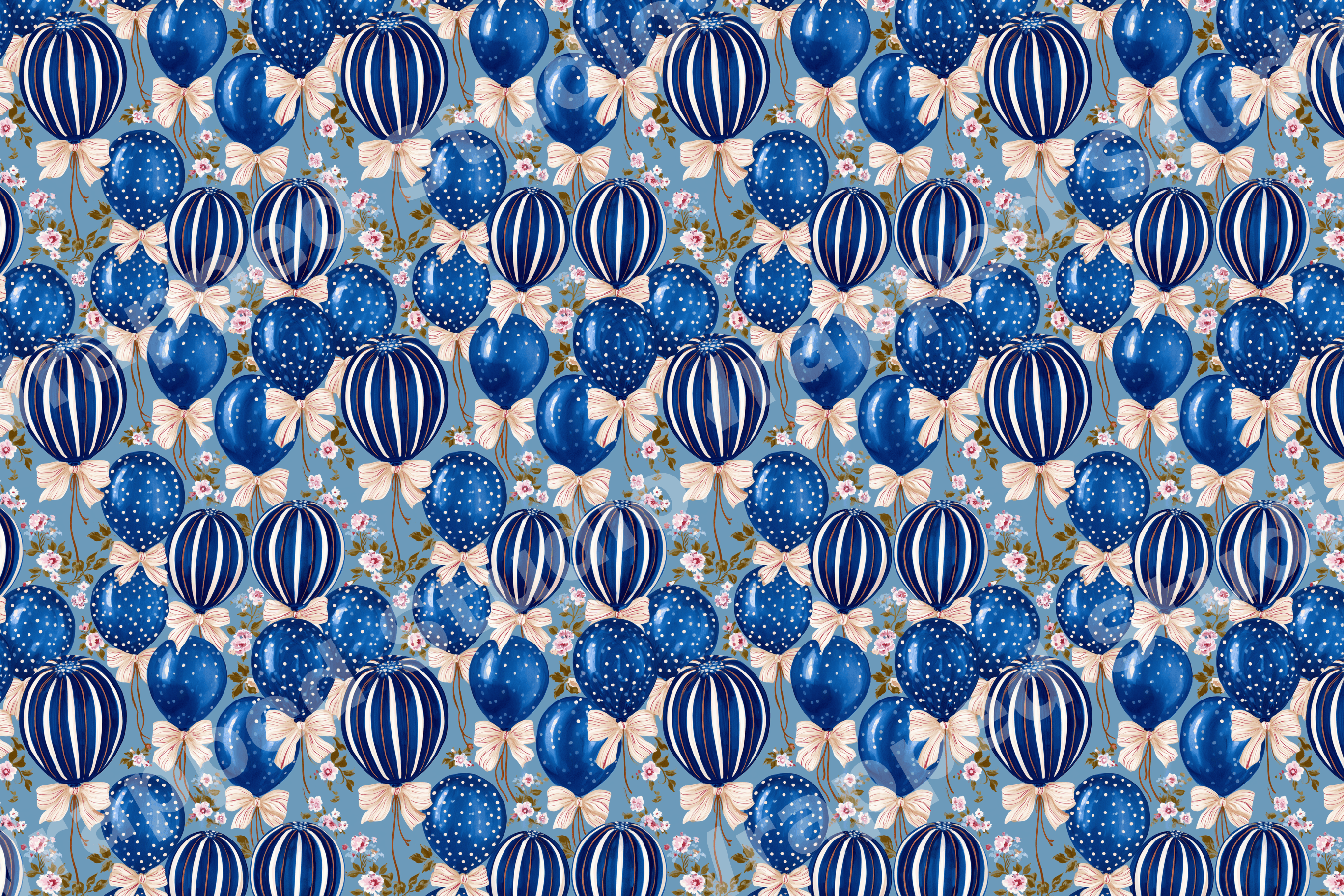 Elegant navy blue balloon pattern with vintage striped and polka dot balloons, cream bows, and tiny pink florals.
