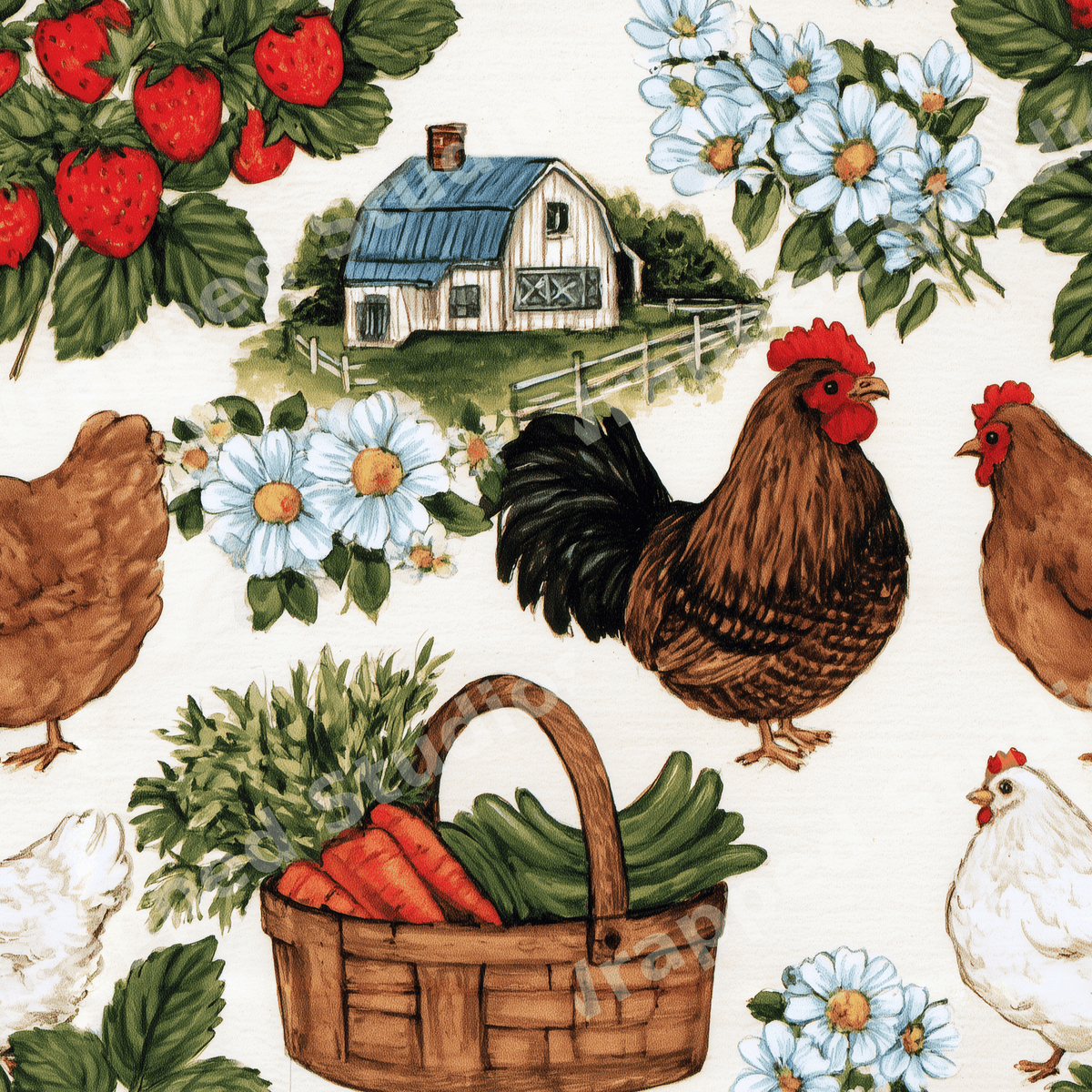 Vintage cottagecore pattern featuring watercolor chickens, a farmhouse, daisies, and strawberries.