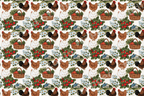 Vintage farmhouse pattern with watercolor chickens, barns, harvest baskets, and strawberries.