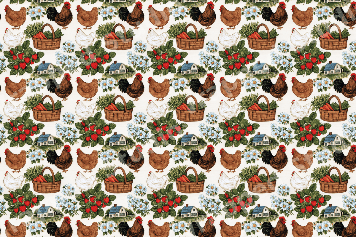 Vintage farmhouse pattern with watercolor chickens, barns, harvest baskets, and strawberries.