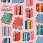 Colorful seamless book pattern featuring hand-drawn vintage books on a soft pink background.