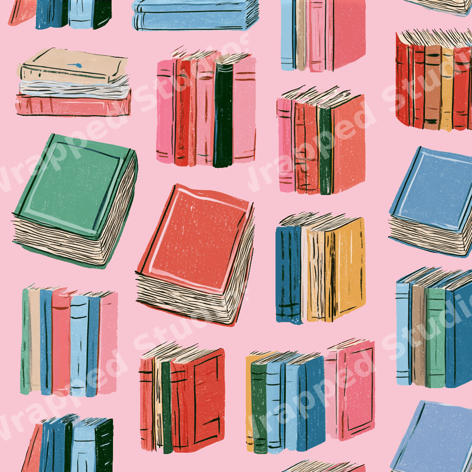Colorful seamless book pattern featuring hand-drawn vintage books on a soft pink background.
