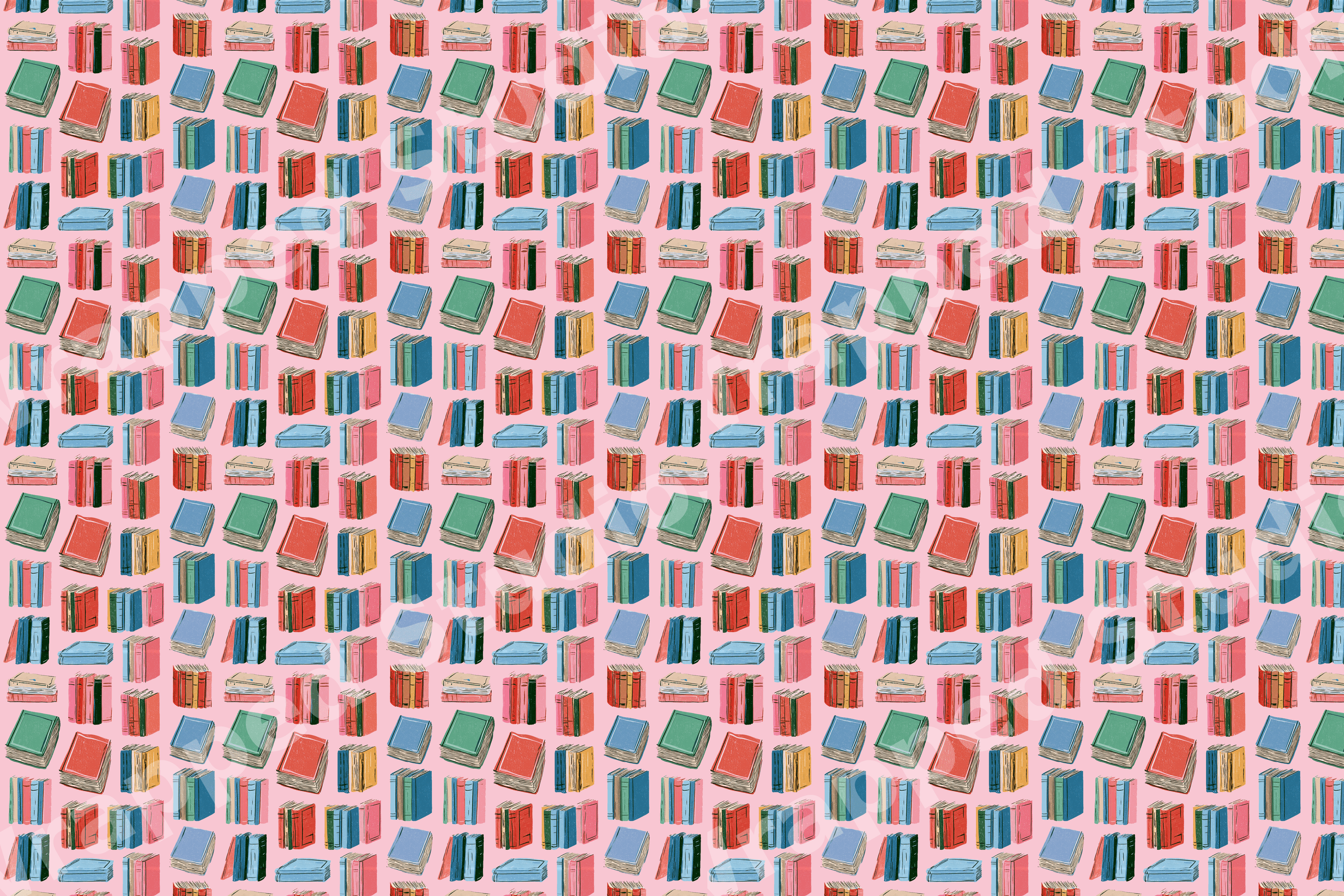 Playful book pattern featuring colorful hand-drawn vintage books on a soft pink background.