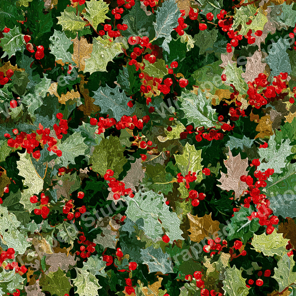 Classic holly and berry floral pattern in shades of green and red.