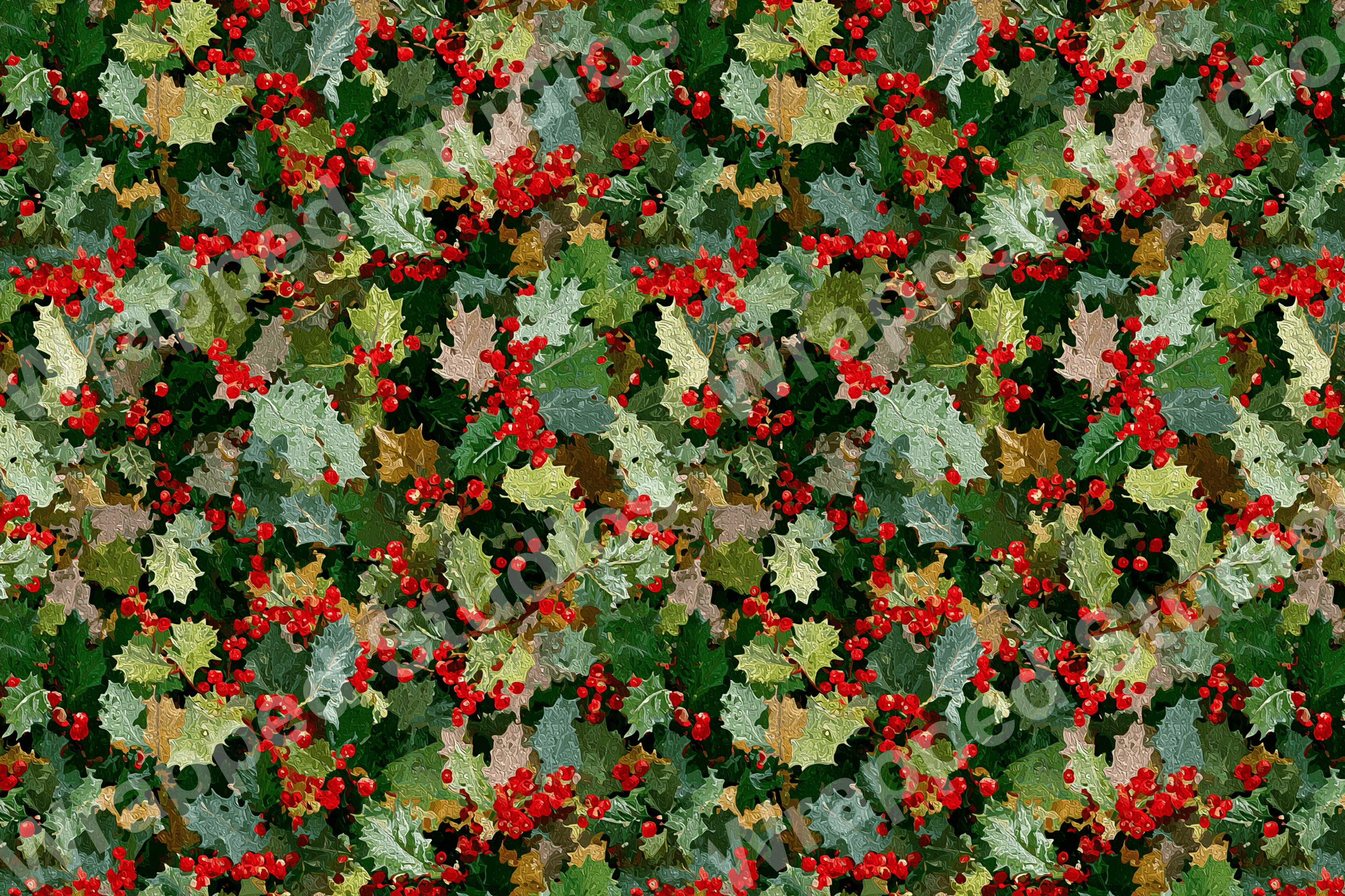 Classic holiday pattern of holly leaves and bright red berries on a green background.