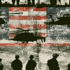 Grunge military pattern with soldier silhouettes and helicopters over a distressed American flag design.