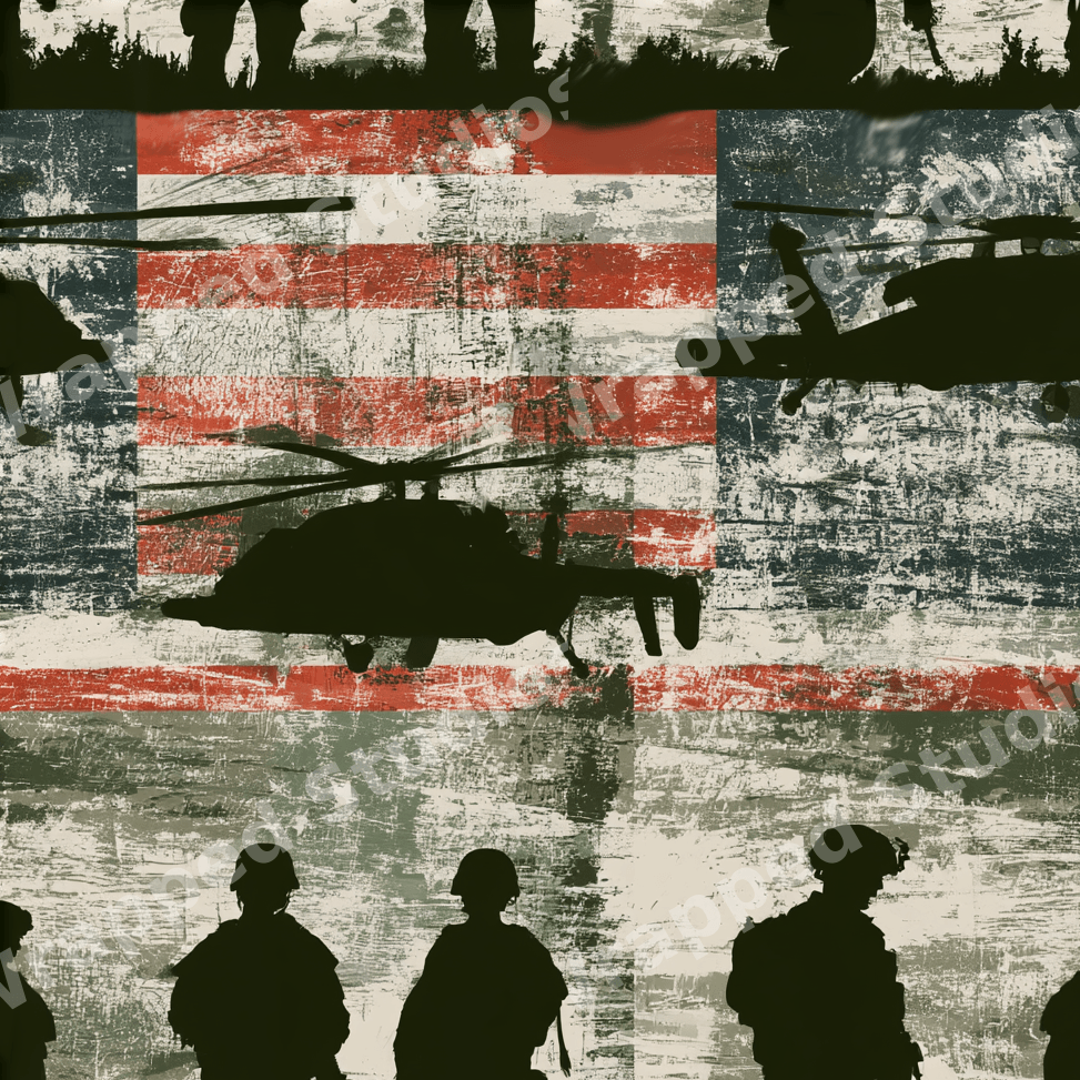 Grunge military pattern with soldier silhouettes and helicopters over a distressed American flag design.