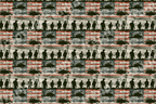 Distressed patriotic pattern featuring military soldier silhouettes, helicopters, and grunge American flags.