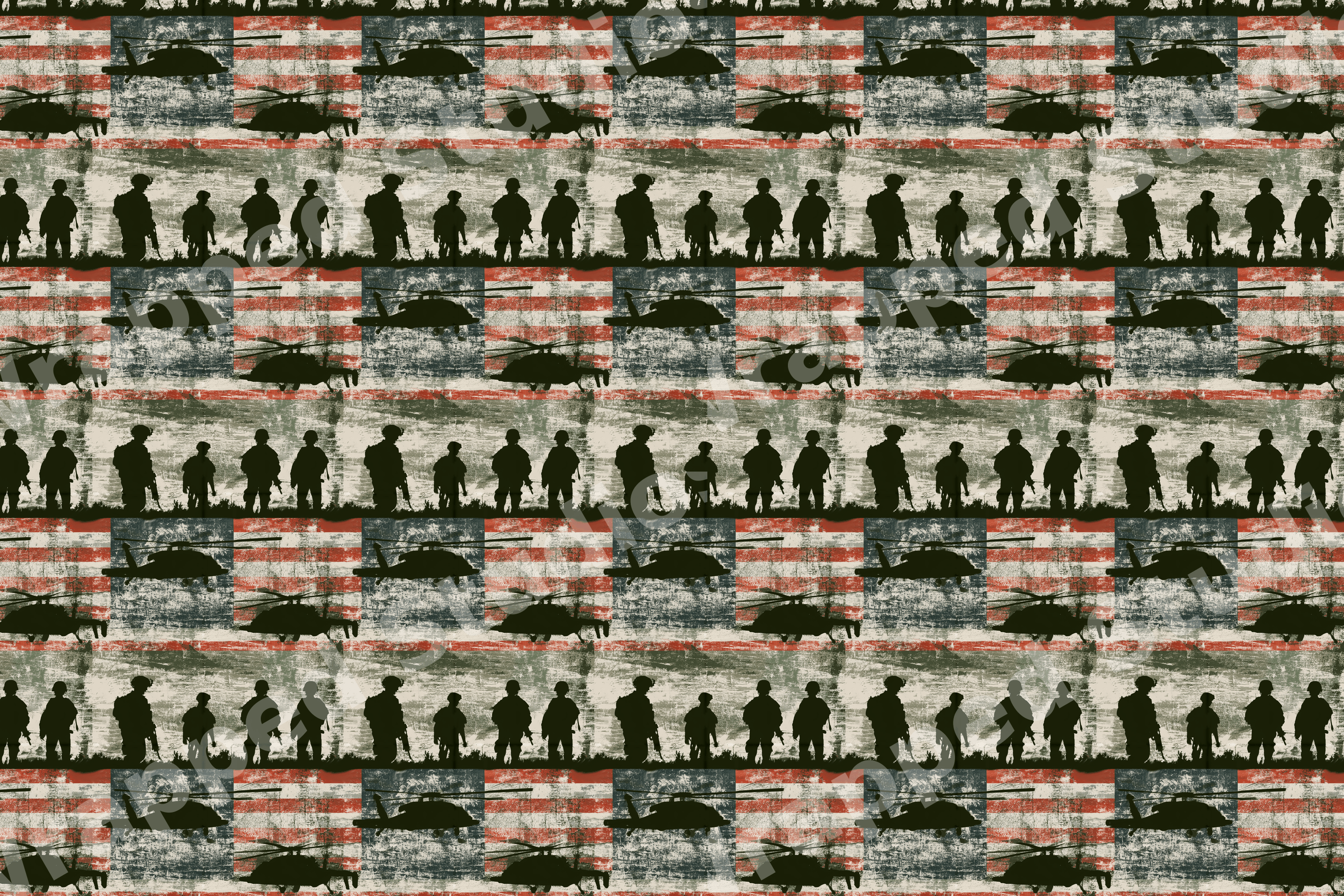 Distressed patriotic pattern featuring military soldier silhouettes, helicopters, and grunge American flags.
