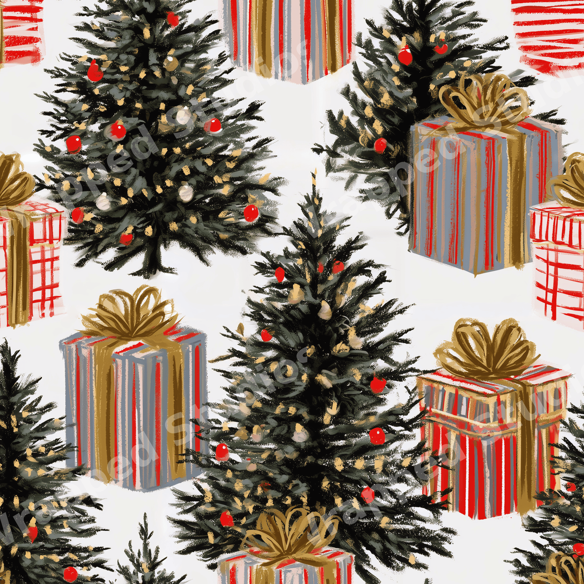 Vintage Christmas tree pattern with hand-painted festive holiday designs in red, green, and gold.