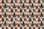 Vintage Christmas pattern with hand-drawn pine trees and holiday gifts in red, green, and gold.