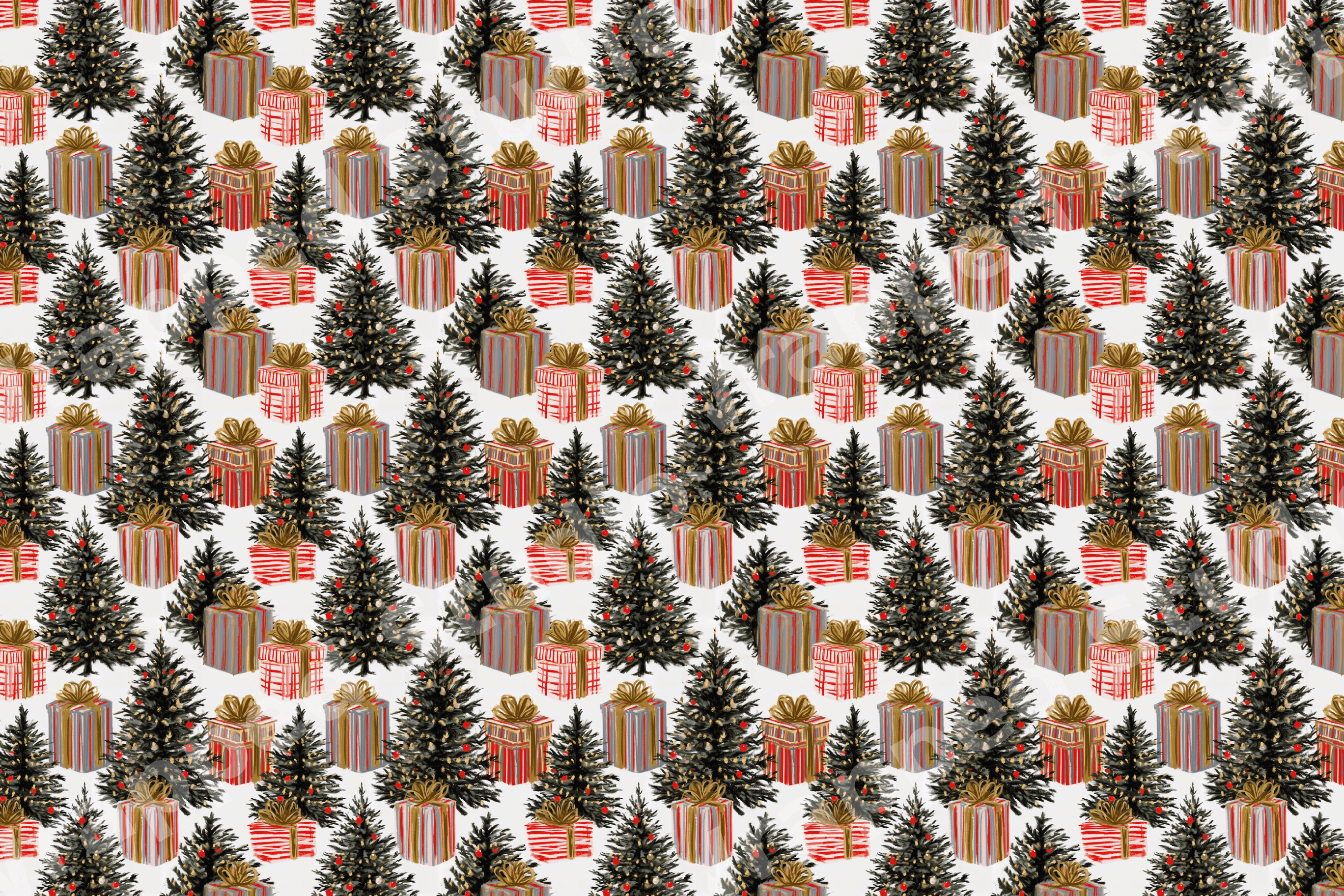 Vintage Christmas pattern with hand-drawn pine trees and holiday gifts in red, green, and gold.