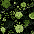 Elegant floral pattern design with vintage botanical elements in various shades of green on black.
