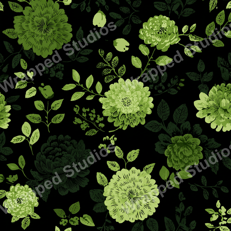 Elegant floral pattern design with vintage botanical elements in various shades of green on black.