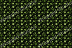Seamless floral pattern with green blossoms and leaves on a black background.