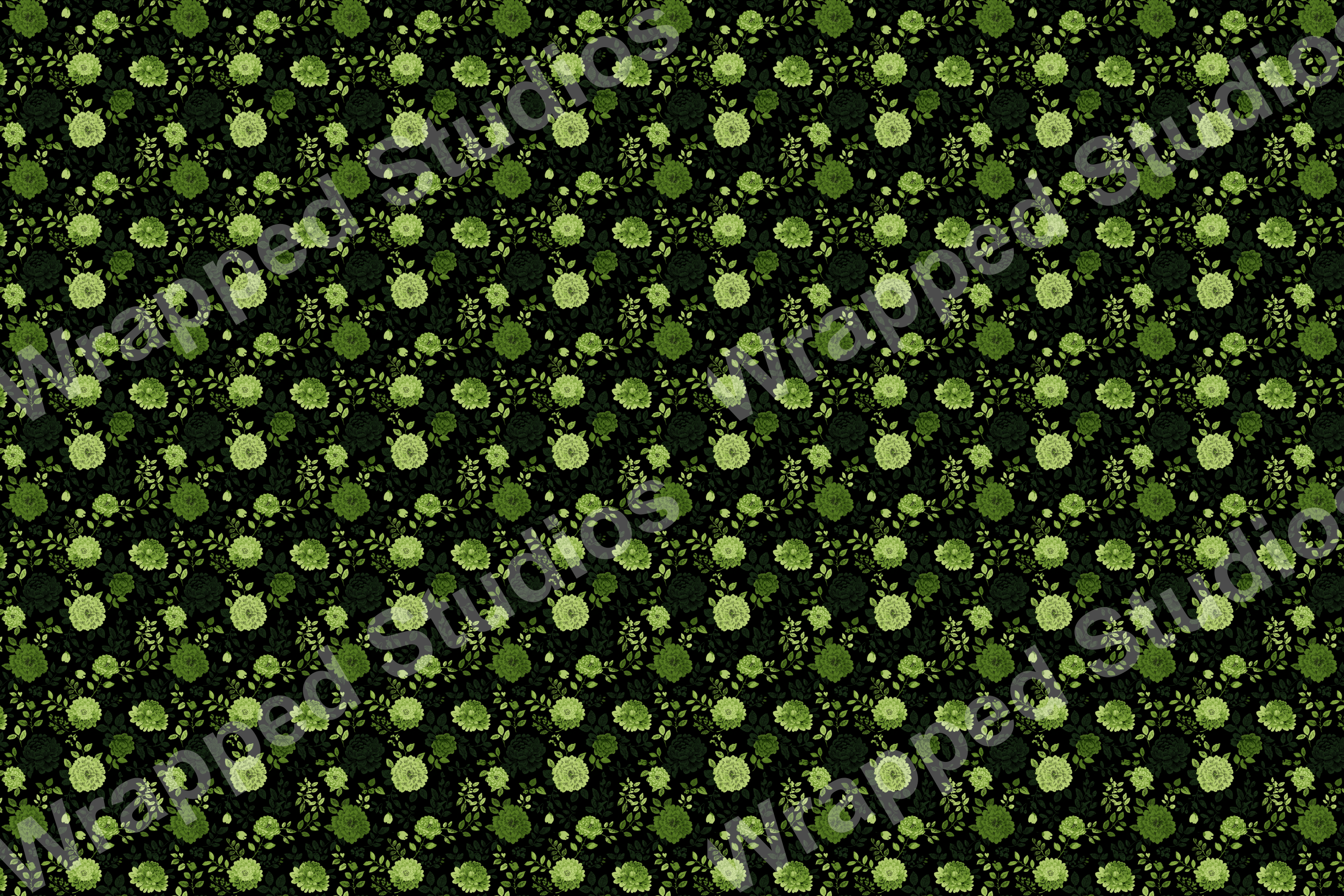 Seamless floral pattern with green blossoms and leaves on a black background.