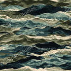 Abstract ocean wave pattern design in shades of deep blue, gray-green, and cream.