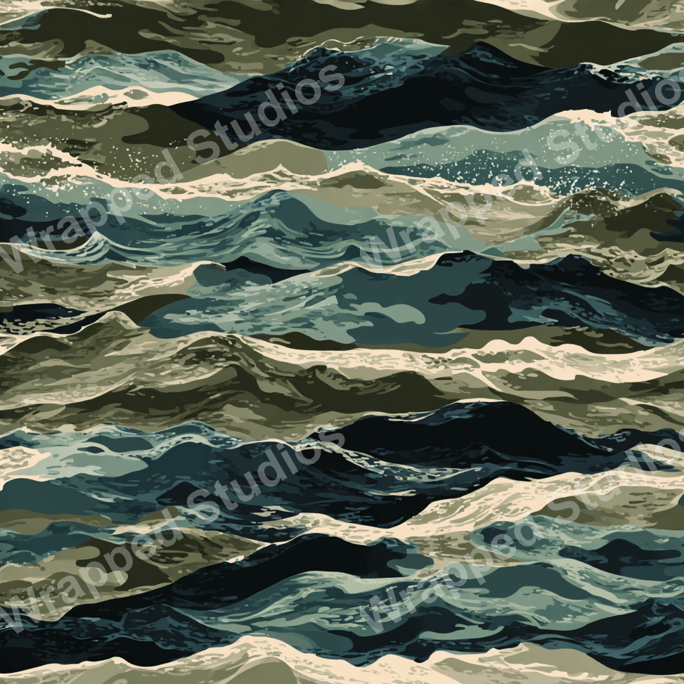 Abstract ocean wave pattern design in shades of deep blue, gray-green, and cream.