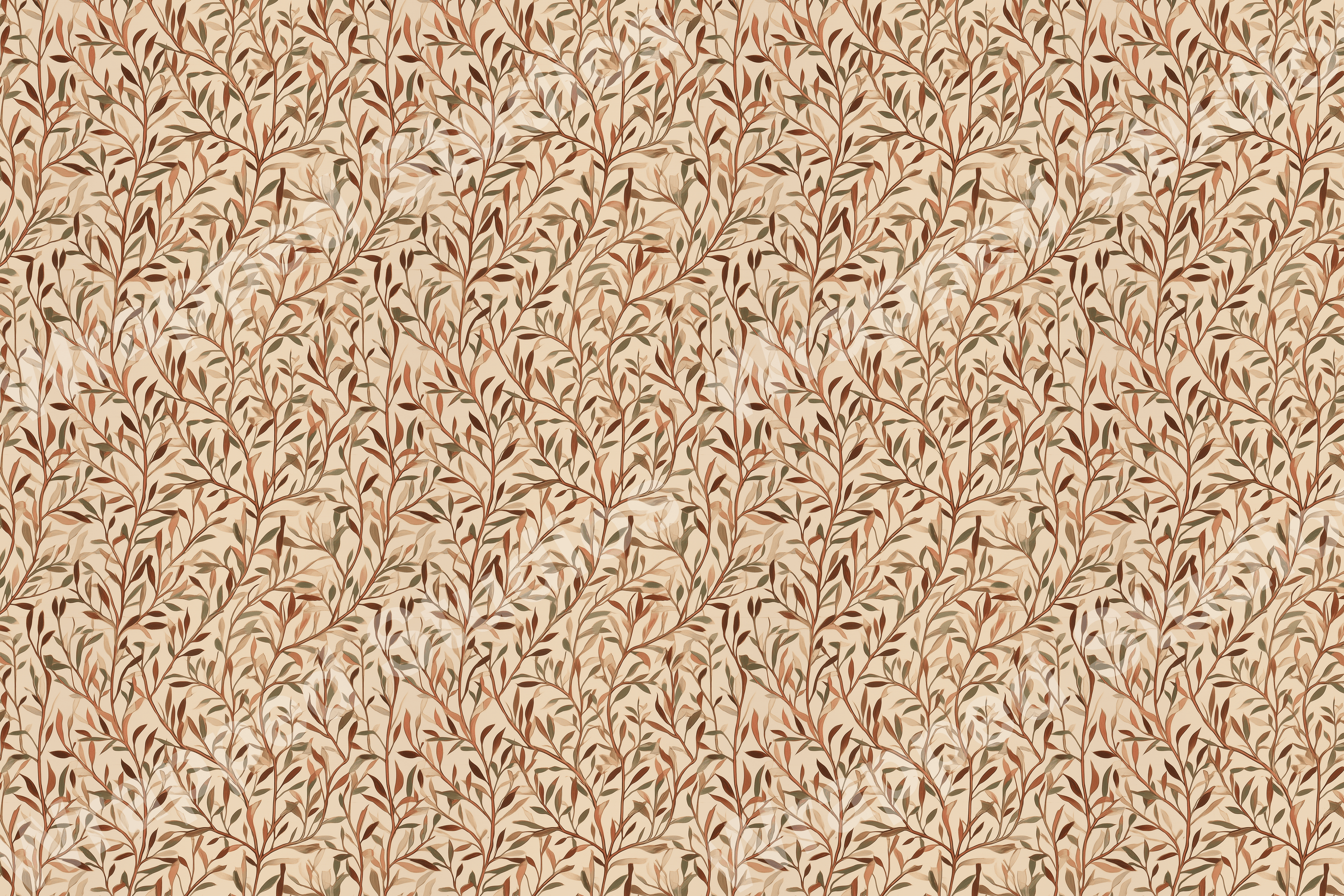 Vintage botanical design with an autumnal willow leaf pattern in tan, brown, and sage green.