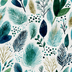 Watercolor botanical pattern with blue, green, and gold leaves and foliage in a whimsical, natural style.