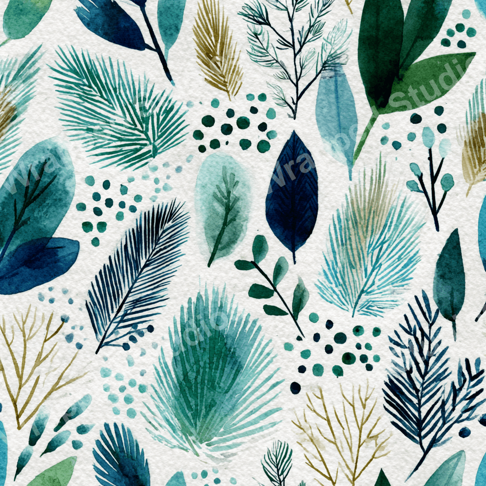 Watercolor botanical pattern with blue, green, and gold leaves and foliage in a whimsical, natural style.