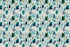 A seamless watercolor botanical pattern featuring various leaves and foliage in shades of teal, blue, and green on white.