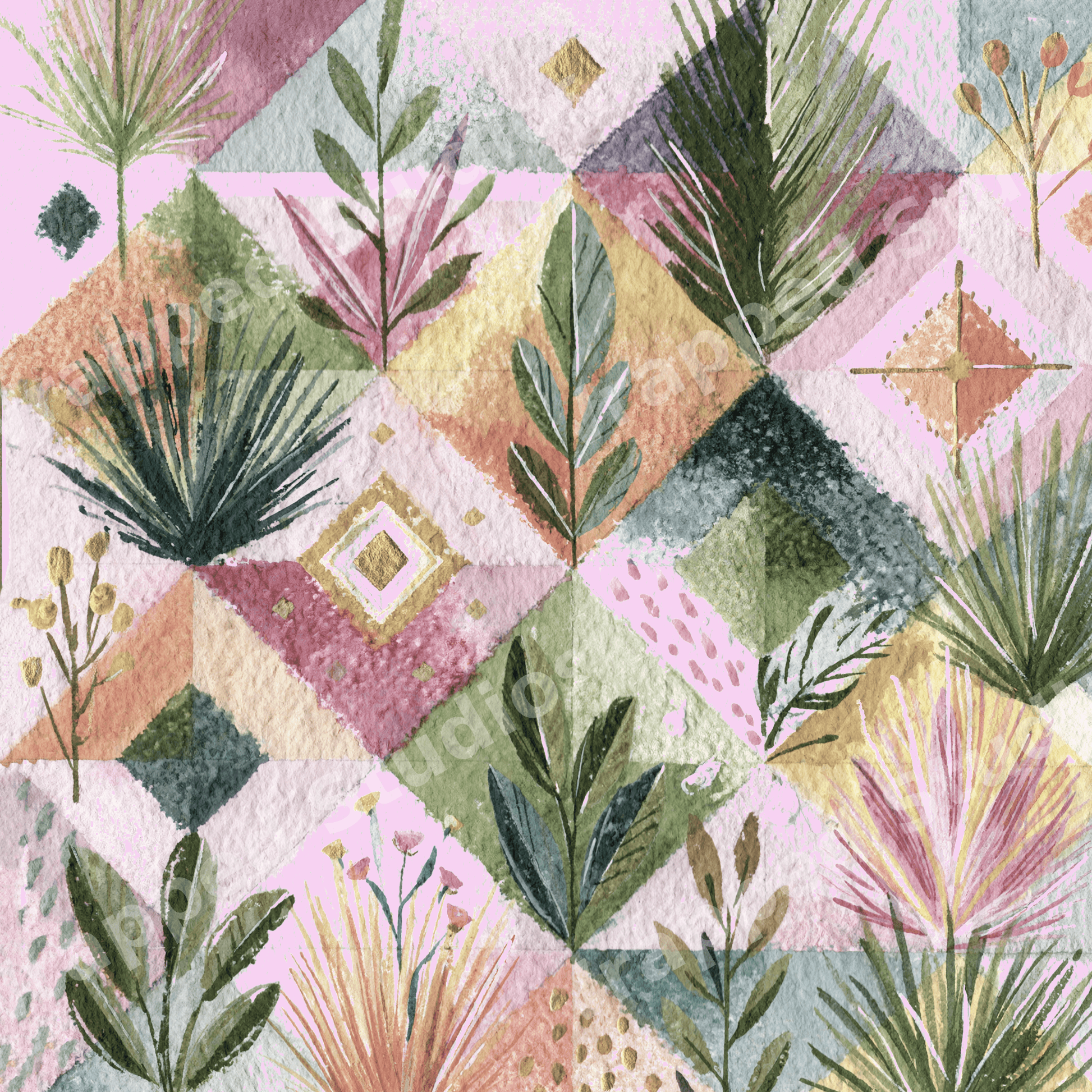 Boho watercolor botanical pattern featuring pastel pink geometric shapes and tropical green leaves.