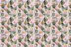 Boho geometric floral pattern with watercolor leaves and pastel diamonds in pink, green, and gold.