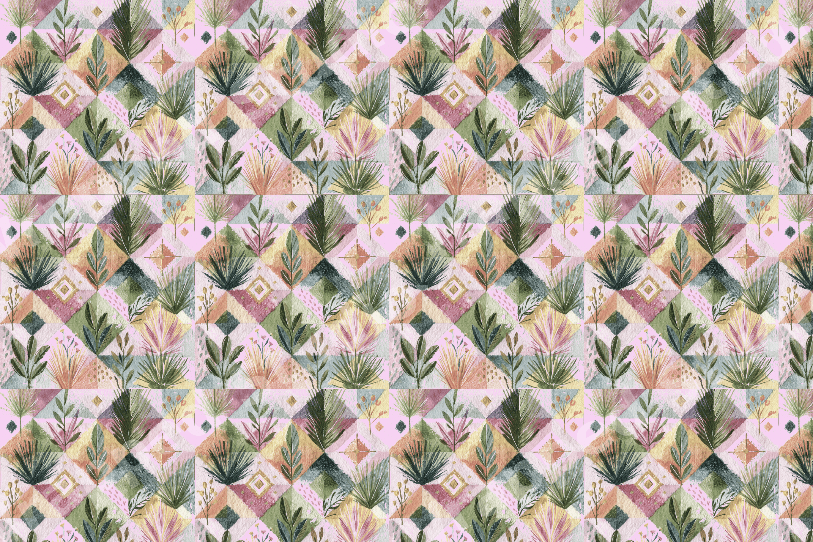 Boho geometric floral pattern with watercolor leaves and pastel diamonds in pink, green, and gold.