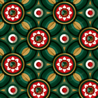 Traditional geometric floral pattern in emerald green, red, and gold with ornate circular motifs.