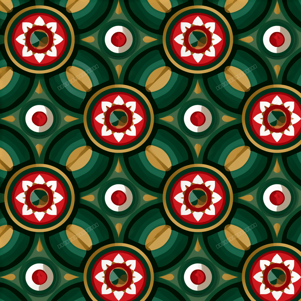 Traditional geometric floral pattern in emerald green, red, and gold with ornate circular motifs.