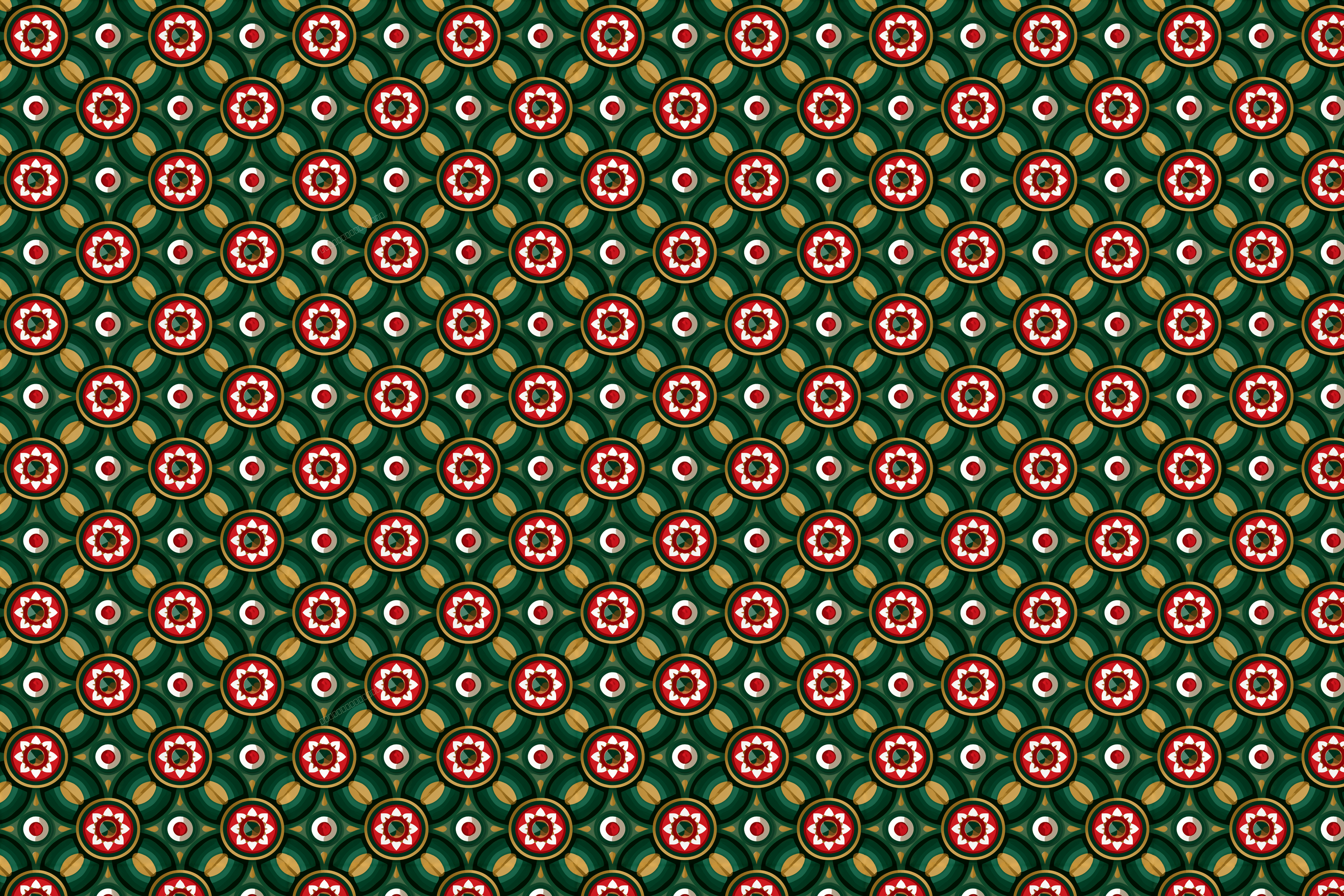 Traditional vintage geometric pattern with ornate red, white, and gold floral motifs on forest green.