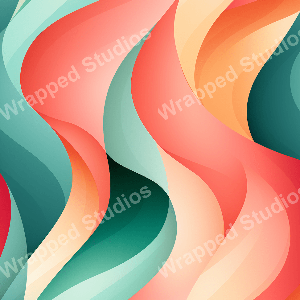 Modern abstract pattern with flowing gradient waves in coral, teal, and peach hues.