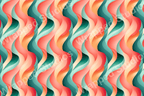 Colorful modern abstract pattern with flowing teal, coral, and peach wavy stripes.