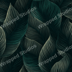 Seamless leaf pattern design in dark teal and beige with a flowing, modern aesthetic.