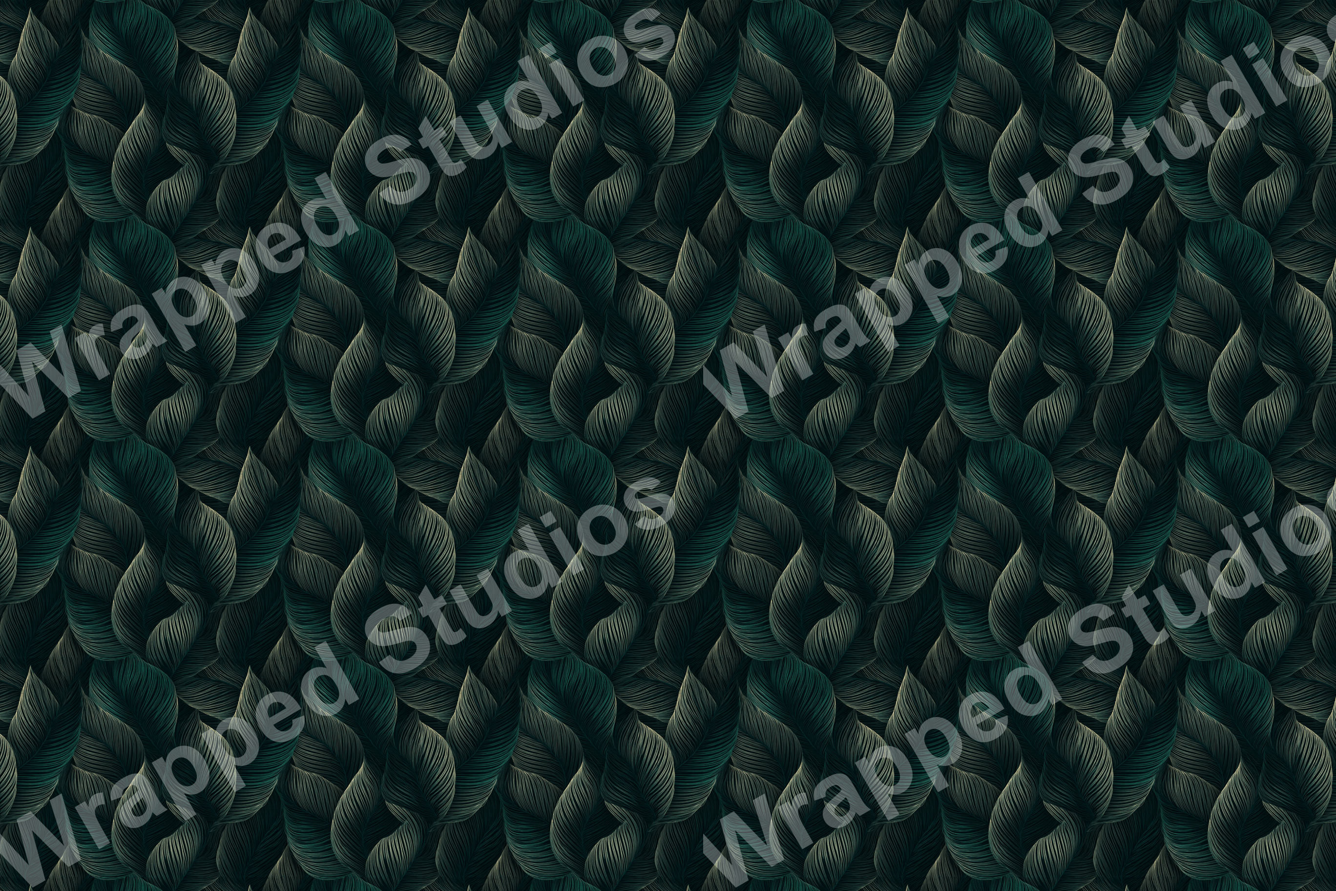 Dark teal botanical pattern with stylized leaves in a dense, elegant arrangement.