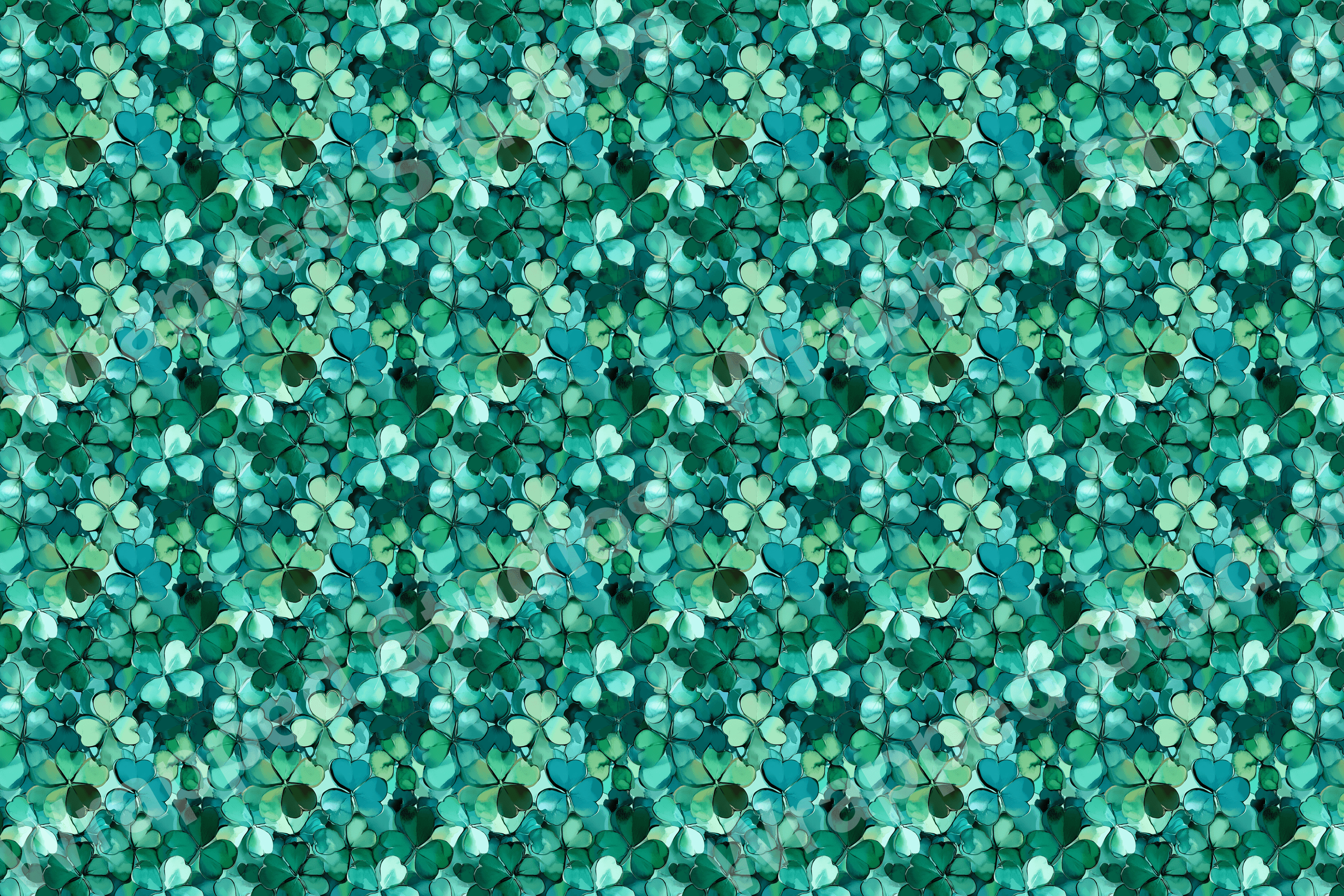 Teal and green floral pattern with overlapping shamrock motifs.