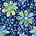 Navy floral pattern with stylized flowers, leaves, and snowflakes in white, blue, and green hues.