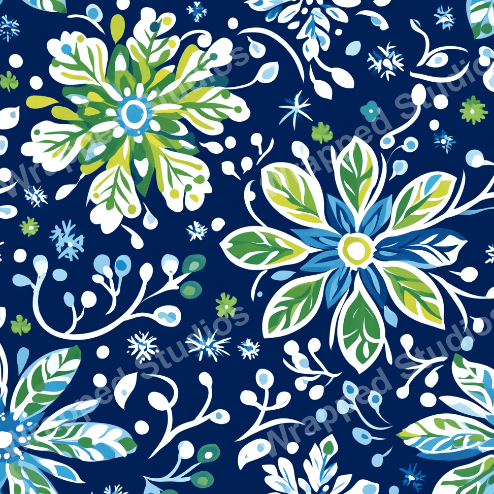 Navy floral pattern with stylized flowers, leaves, and snowflakes in white, blue, and green hues.