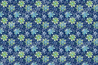 Seamless floral pattern with blue, green, and white botanical motifs on a dark blue background.