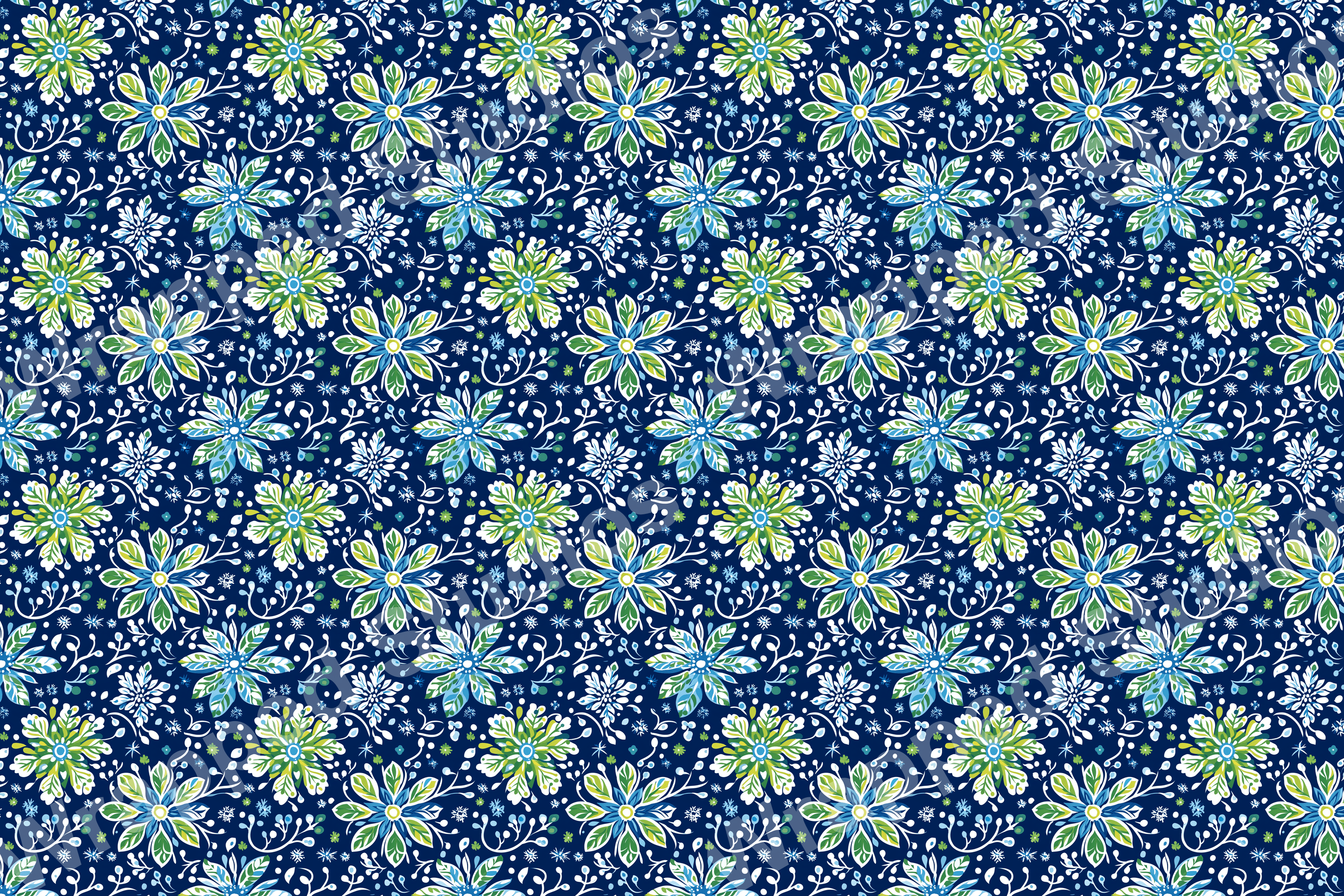 Seamless floral pattern with blue, green, and white botanical motifs on a dark blue background.