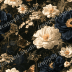 Vintage botanical floral pattern with large navy blue and white flowers and butterflies on a dark moody background.
