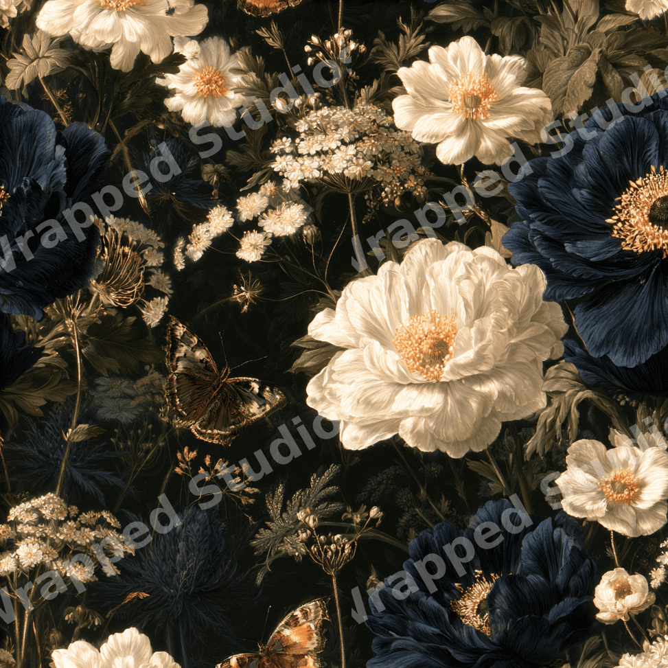 Vintage botanical floral pattern with large navy blue and white flowers and butterflies on a dark moody background.