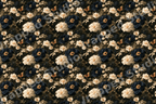 Vintage botanical floral pattern with navy blue and cream peonies, butterflies, and dark foliage.