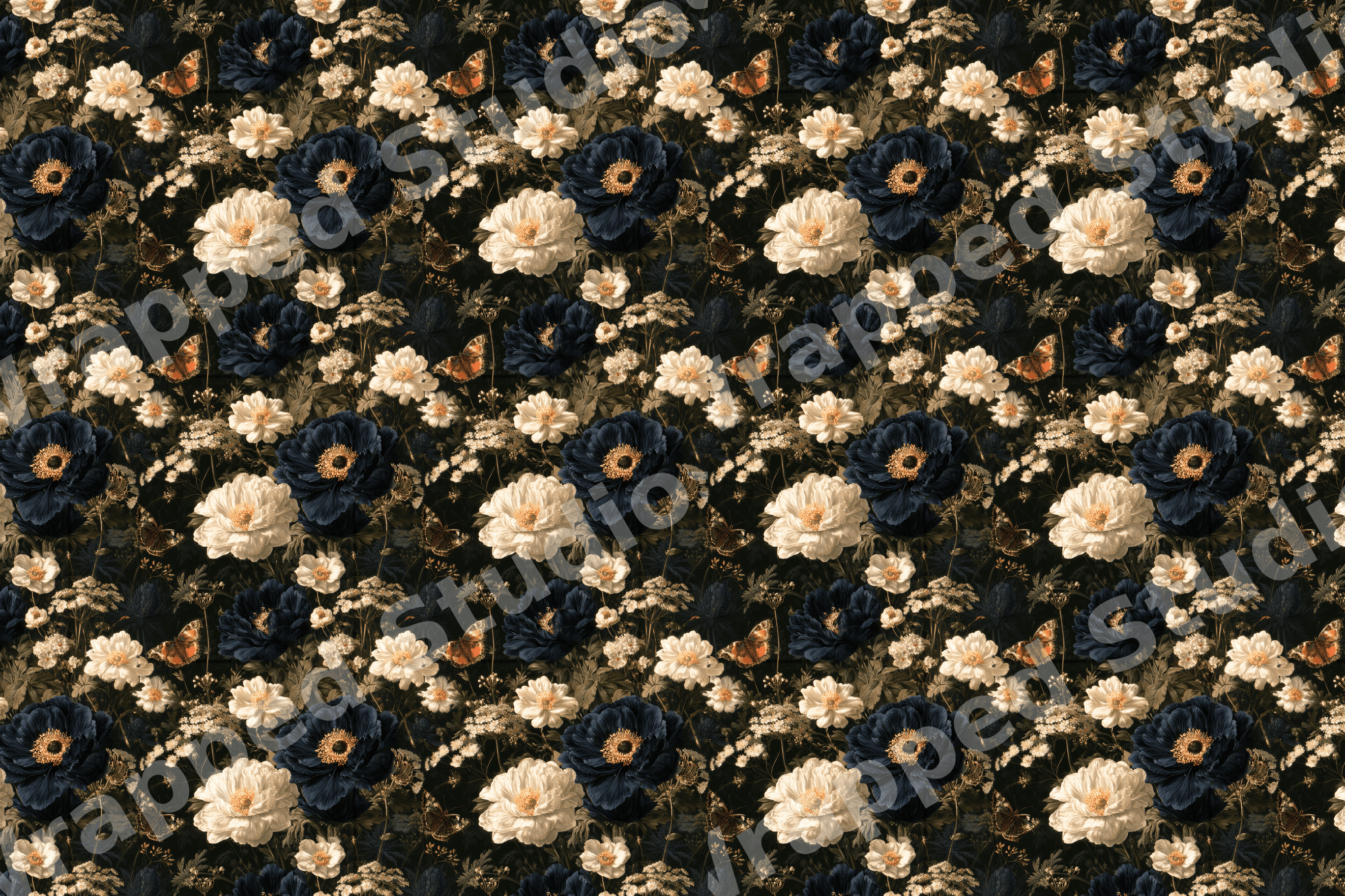 Vintage botanical floral pattern with navy blue and cream peonies, butterflies, and dark foliage.