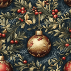 Vintage Christmas botanical pattern with red berries, golden leaves and ornaments on dark blue.