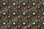 Elegant vintage botanical design with red berries and golden Christmas ornaments on navy.