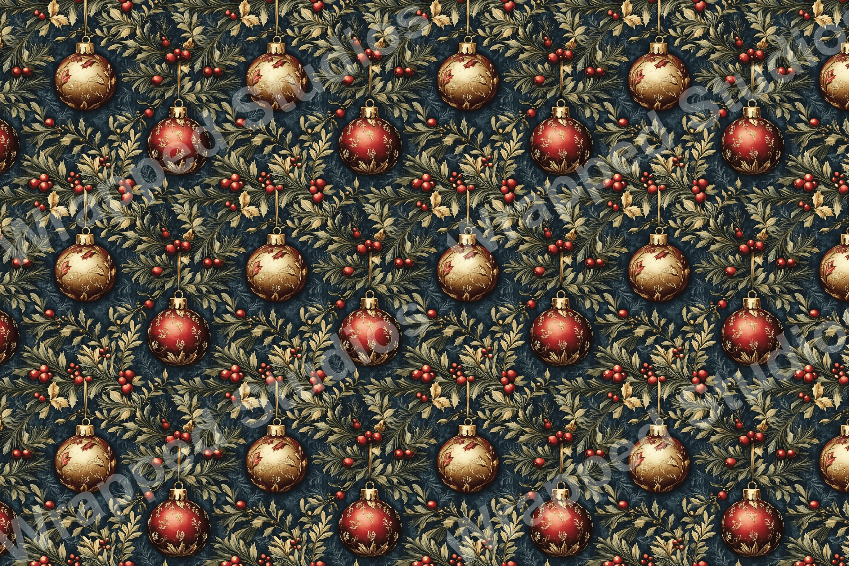 Elegant vintage botanical design with red berries and golden Christmas ornaments on navy.